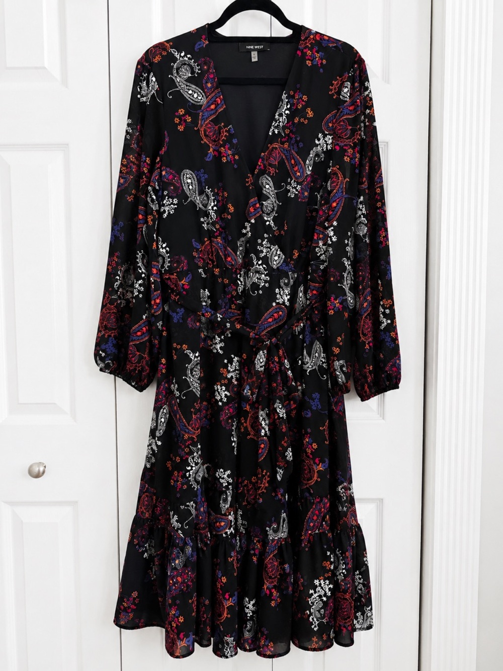Nine West Size 16 Black Paisley Faux Wrap Midi Dress Boho Long Sleeve